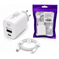 18W Зарядно устройство / 2 USB изхода USB-C, Type-C към Lightning - Бял (К30rz)