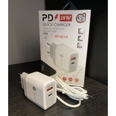 PD 18w QC 3.0 2в1 Quick Charger Зарядно с USB, Type - C изход+ MicroUsb кабел - Бял (26-C4)