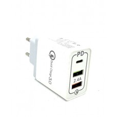 QC 3.0 2в1 Quick Charger Зарядно с 2XUSB, Type - C  PD / Бял (K28)